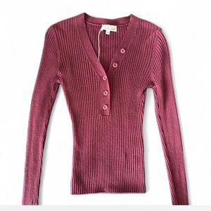 Derek Lam Women's Knit Top, Ribbed, Henley Collar, Maroon, Y2K Basic, Quiet Lux
